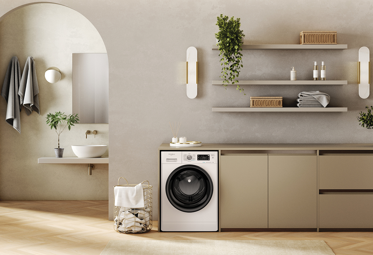 Απεικονίζεται το πλυντήριο σε ένα μπάνιο.